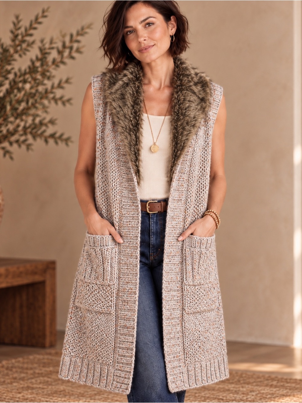 Anthropologie Angel of the North S Cable Knit Faux Fur Collar Long Sweater Vest